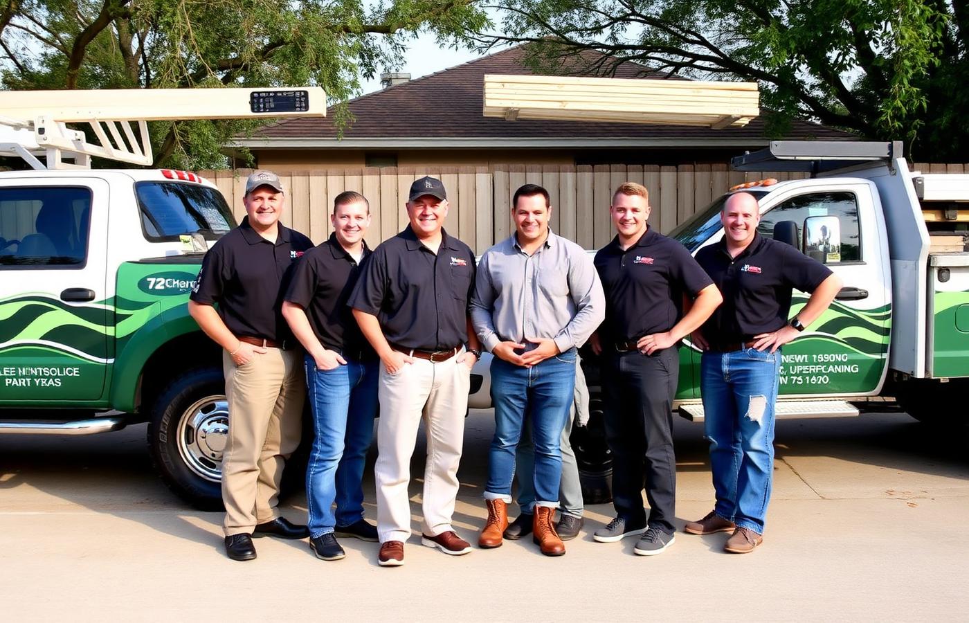 The Sarahvencio Co. fencing team with trucks and equipment